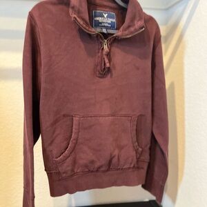 American Eagle Quarter Zip Pullover Sweatshirt Burgundy Kangaroo Pocket Size M
